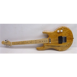  Hand crafted electric guitar, L92cm, polished elm wood body, in hard carry case  