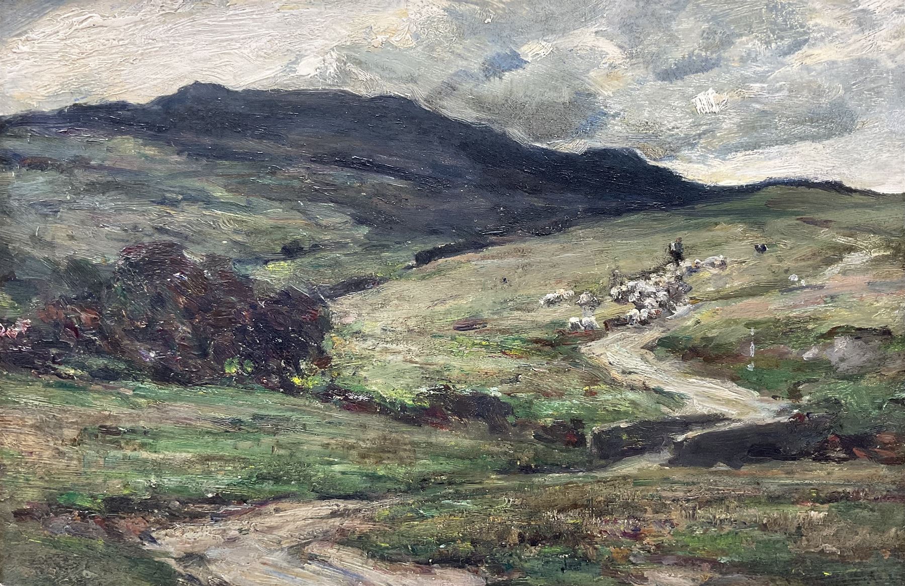 Owen Bowen (Staithes Group 1873-1967): 'Nightfall' - Driving the Flock, oil on panel signed 28cm x 42cm 
Provenance: private collection, purchased 'A Passion for Paintings - The Yorkshire Collection of Claire & Bert Rendall', Pannett Art Gallery, Whitby 2013. Herbert Rendall (1927-2007) was a prodigious collector of Yorkshire artists.