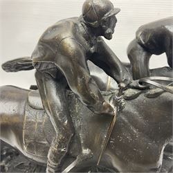 After E Loiscay, bronzed figure group, modelled as two race horses, signed E Loiscay, upon a stepped marble plinth, overall H28cm