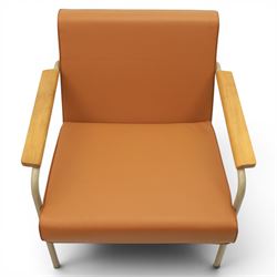 Pair of mid-20th century painted wrought metal easy armchairs with tan leather upholstery and teak armrests