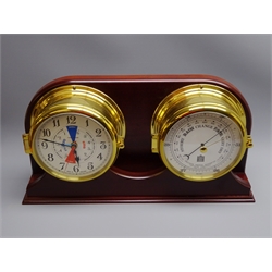  Sewills Precision Aneroid barometer and a similar Tide Clock, both in bulkhead type cases, on a shaped wooden wall plaque, W45cm, H23cm   