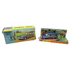Corgi - Ford Consul Cortina Super Estate No.440 with metallic dark blue body, white interior, brown side panels, opening tailgate, with golfer, caddie boy, trolley and bag, complete with inner stand and packing piece; boxed