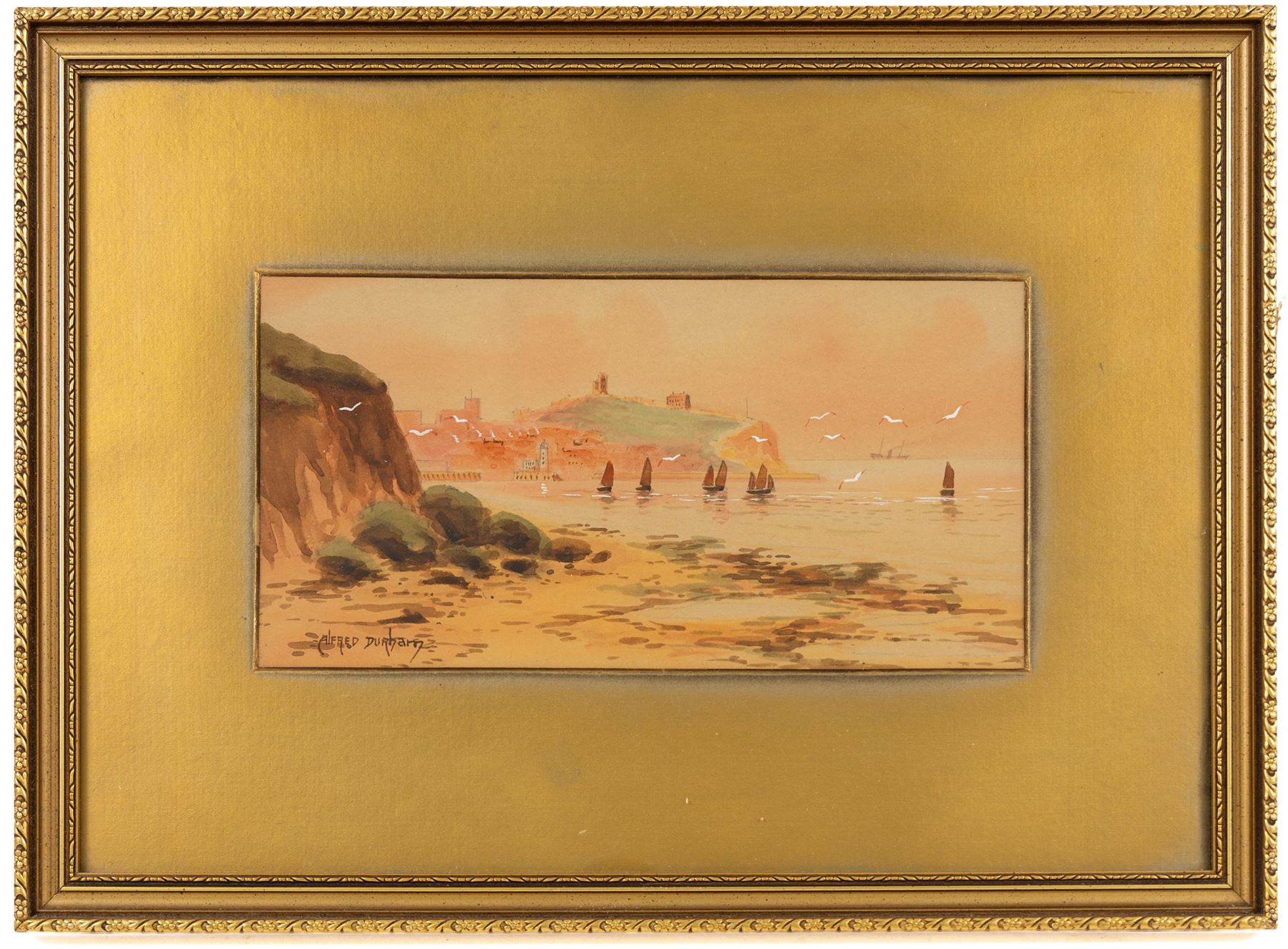 Austin Smith (British fl.1913-1928): Sailboats off Scarborough, pair of watercolours signed; together with Alfred Durham (British 19th century): Coastal Views of Scarborough, set of three watercolours heightened with white signed and one dated 1907 max 18cm x 32cm (5)