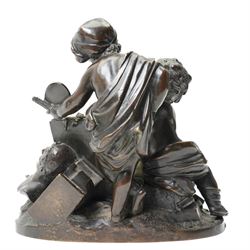 After Louis Valentine Elias Robert (French 1821-1874); pair of 19th century allegorical bronze groups, modelled as putti learning about the arts and sciences, bearing signature to the plinth, H17cm (2)