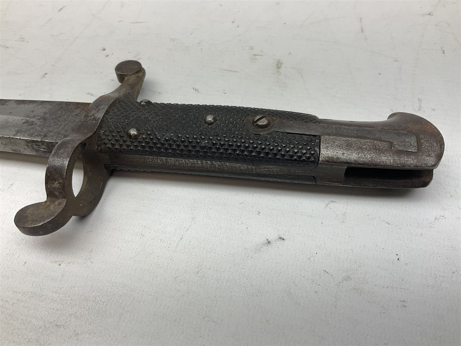 19th century Bayonet with 58cm fullered Yataghan shaped blade, stamped with anchor mark, with leather scabbard