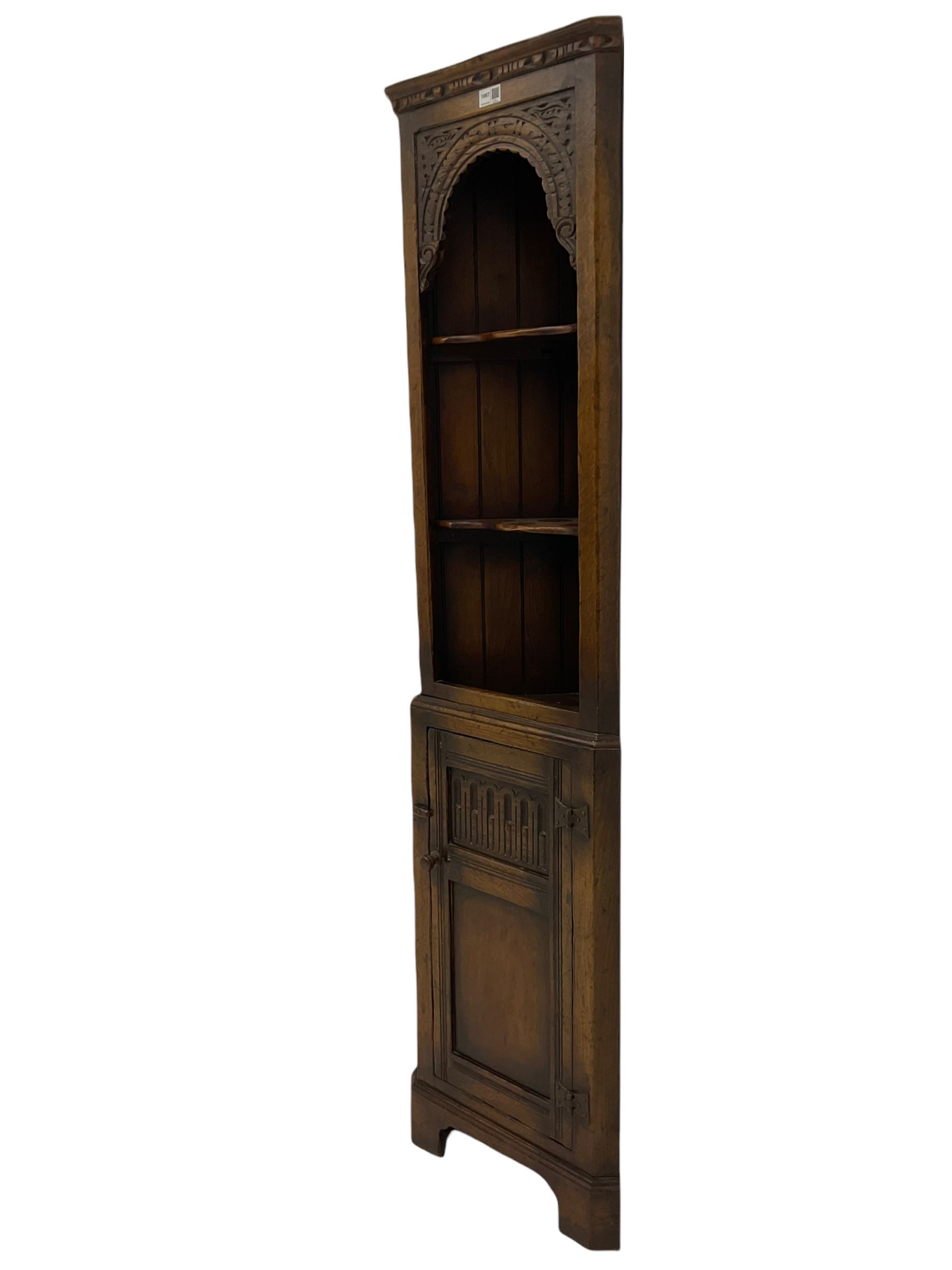 Narrow 20th century distressed oak corner cupboard, fitted with two