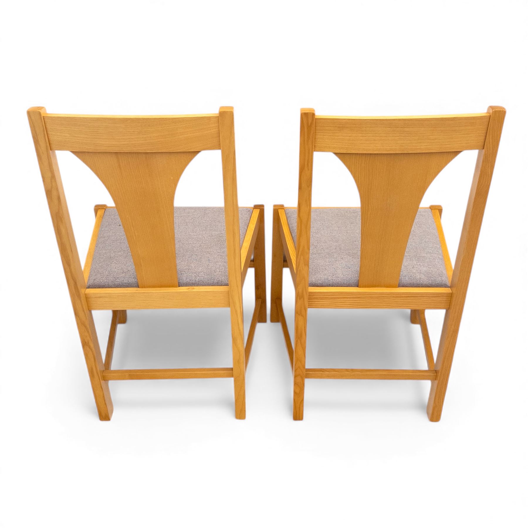 Habitat - contemporary light oak dining table, rectangular veneered top, with mitred border veneer over square section legs, with six beech upholstered chairs in grey fabric, open back with central splat, raised on square section legs, W52xD44xH88cm