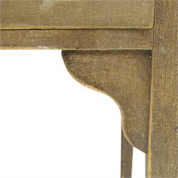 19th century stripped and painted rustic pine table, rectangular triple plank top fitted with two drawers, raised on square tapering supports