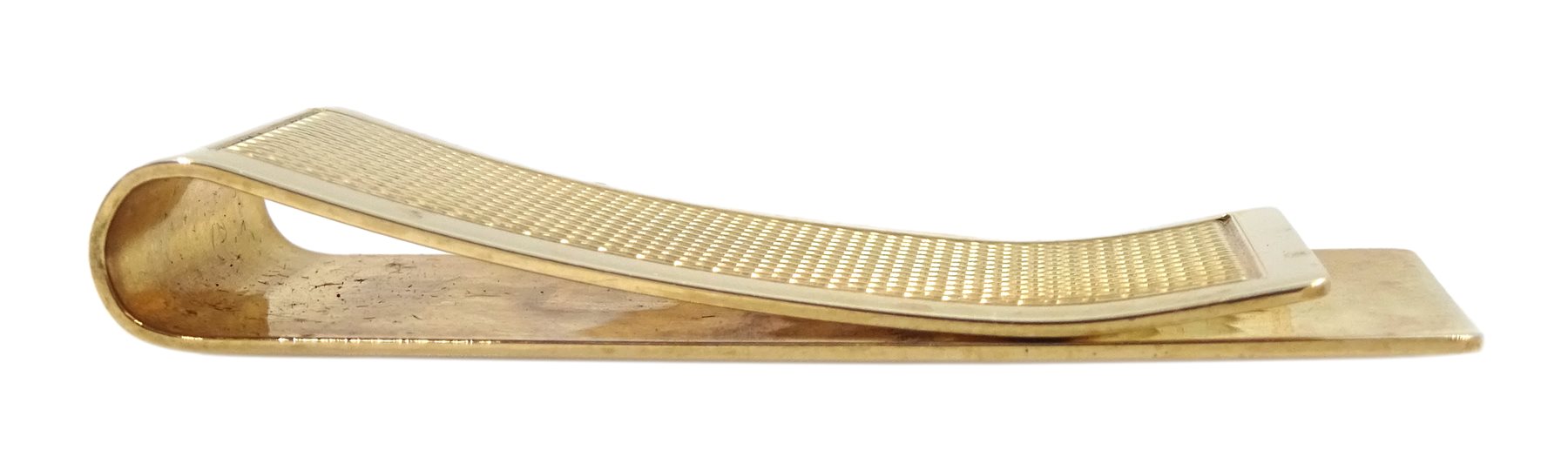 9ct gold money clip, engine turned decoration by William H Manton, Birmingham 1982, approx 15.34gm