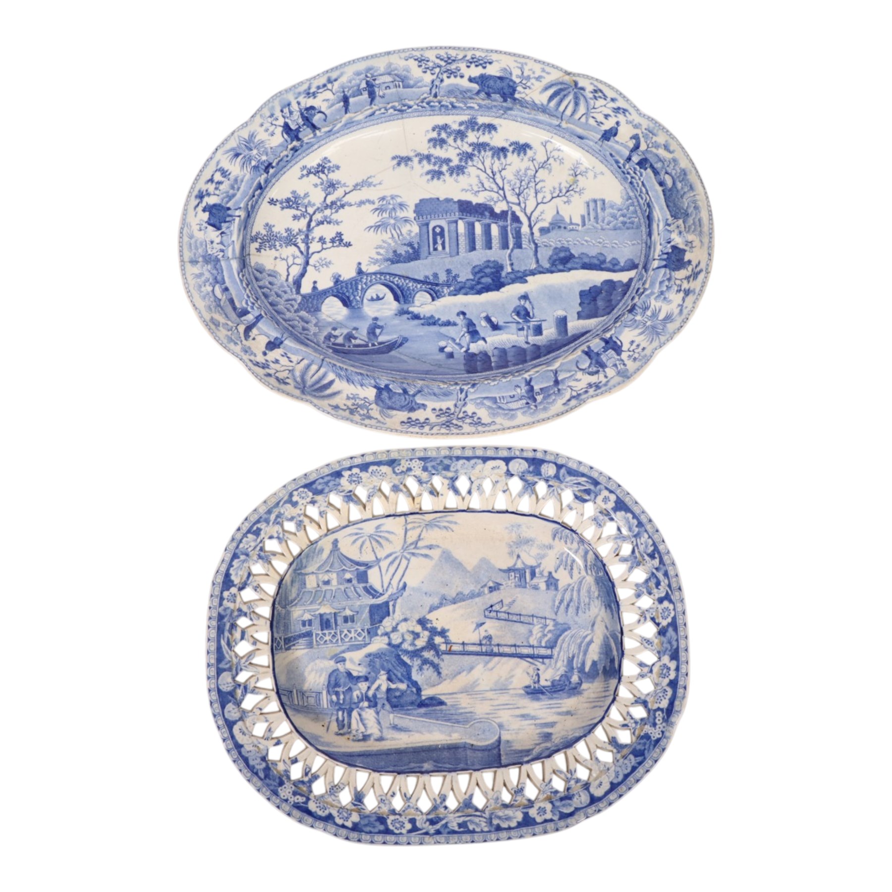 Early 19th Century Spode Caramanian series serving dish, printed in blue and white with the Triumphal Arch at Tripoli in Barbary, reserved within a running border of Indian sporting animals, together with Rogers Camel pattern platter and plate, Adams Lions plate and Davenport platter, largest platter L43cm 