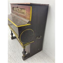 Faventia Half size miniature Spanish barrel piano with a 40cm cylinder playing tunes on a 37 note movement including woodblock and triangle, in a painted case with silk embroidered decoration to the front.  Vicente Linares, Barcelona trade label, with original crank handles, stringing, hammers action, tuning pins and cylinder