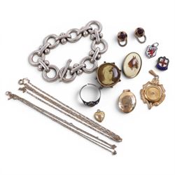 9ct gold jewellery, comprising heart charm, locket and two chains, silver chunky bracelet ...