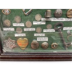 Collection of metal detecting finds and antiquities, housed on five display boards and some loose, to include coins, keys, axe head etc 