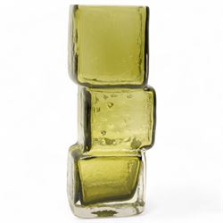 Whitefriars Textured Range 'Drunken Bricklayer' vase in sage green, designed by Geoffrey Baxter H21cm