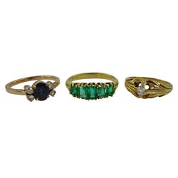 Victorian gold single stone diamond ring, green five stone ring and one other diamond and stone set ring,  