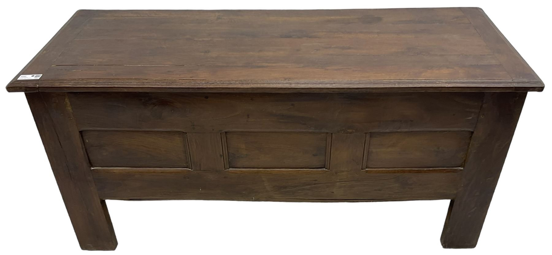 Large 18th century oak coffer or chest, rectangular hinged top with moulded edge, over panelled sides with moulded rails, raised on stile supports