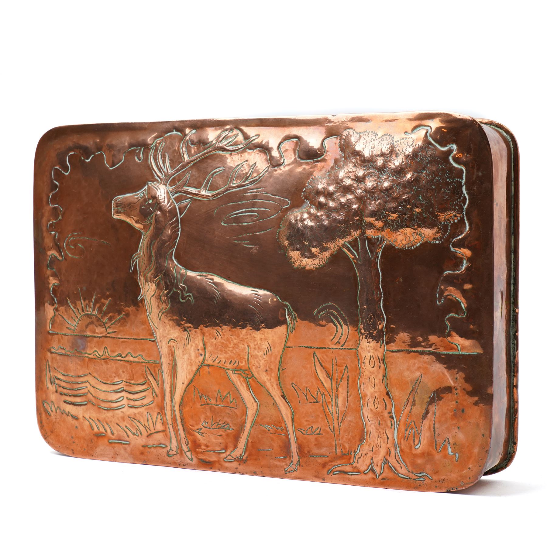 Arts & Crafts copper panel with relief decoration of a stag 27cm x 40cm