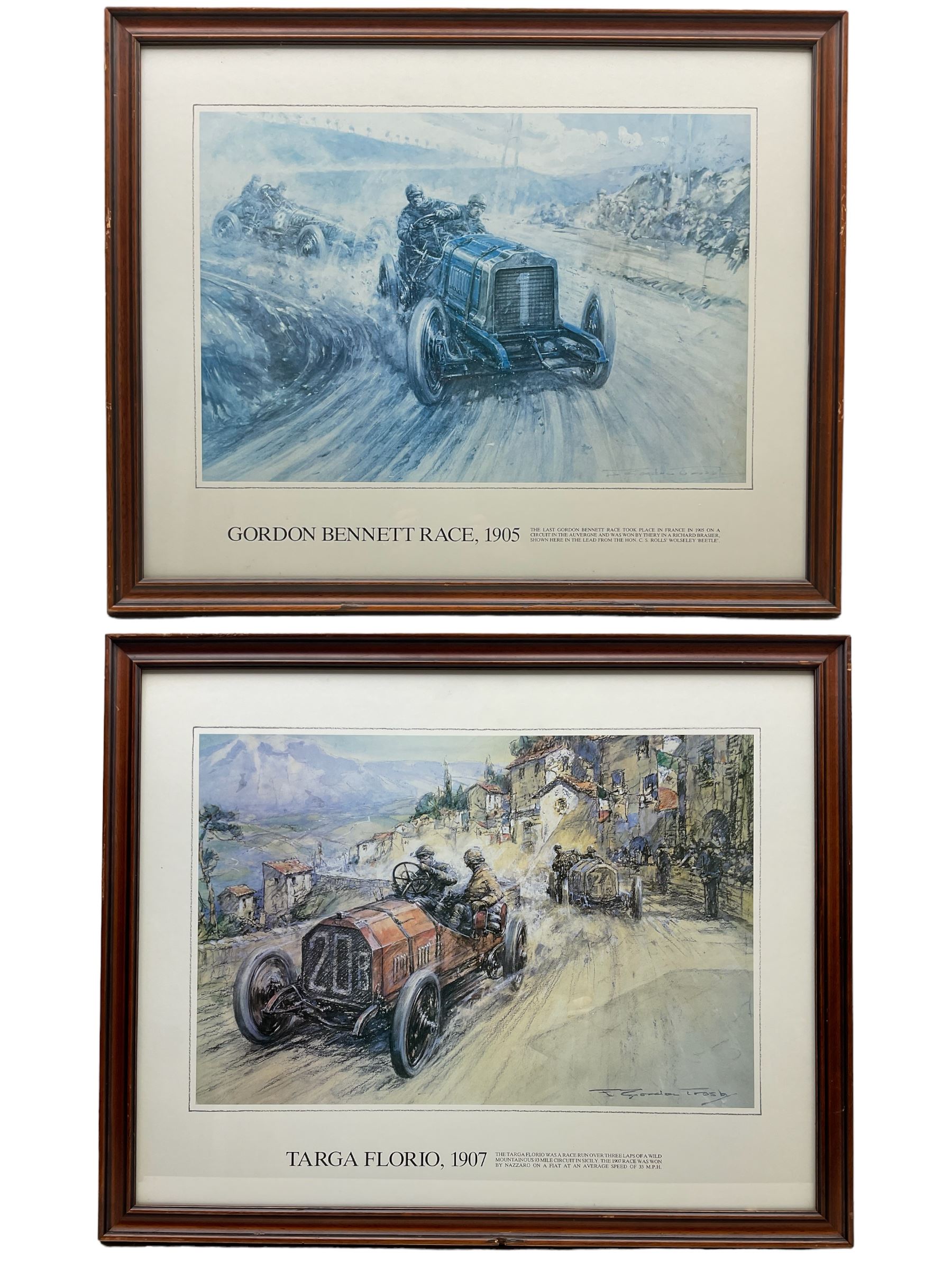 After Frederick Gordon Crosby (British 1885-1943): 'Gordon Bennett Race 1905 and 'Targa Florio 1907', pair colour prints 59cm x 74cm, together with three further racing pictures and a print of Filey (6)