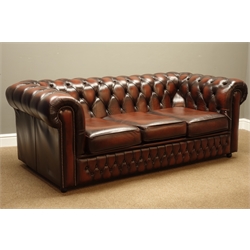  Three seat Chesterfield sofa upholstered in buttoned red leather, W190cm, D93cm  