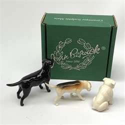 Three Beswick dog figurines, comprising Bulldog, Black Labrador, and Hound, Labrador with maker's box, each with printed mark beneath.