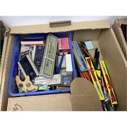 Large collection of calligraphy equipment, including pens, nibs and sets, together with other writing equipment and stationery, in three boxes