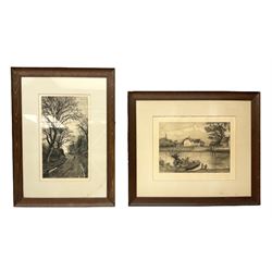 Robert Walker Macbeth (Scottish 1848-1910): 'The Ferry - Five Miles from Anywhere Pub' Upware Ely, etching signed in pencil; Fred Slocombe (British 1847-1920): Woodland path, etching signed in pencil, max 28cm x 40cm (2)