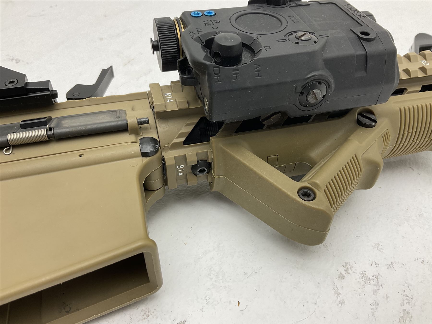 Combat Machine lithium battery powered airsoft BB rifle, 'Complete AEG Series' to fire 5mm pellets, with adjustable length stock L69cm non-extended; with six magazines, Trijicon ACOG red dot telescopic sight, battery charger etc (NO BATTERIES)