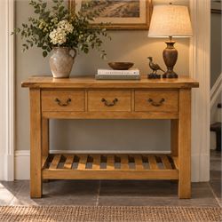 Contemporary golden ash and oak side table, rectangular top fitted with three drawers with...