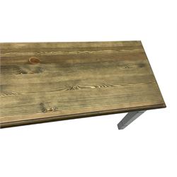 Pine kitchen dining table, rectangular moulded top on painted base, square tapering supports (180cm x 85cm, H78cm); and two matching benches 