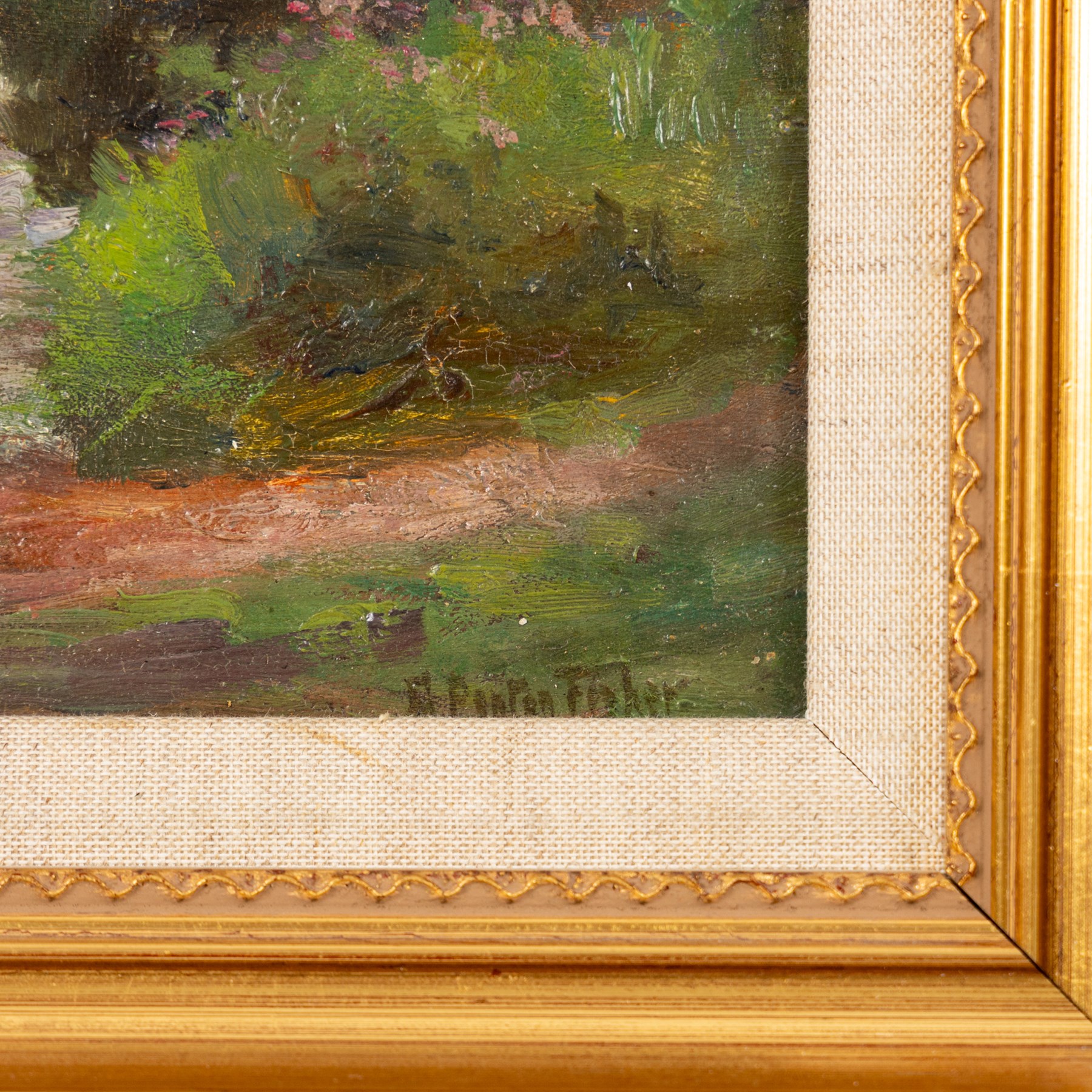 George Penton Fisher (British 1871-1914): Gazing Over the Bridge, oil on wood panel signed 15cm x 23cm