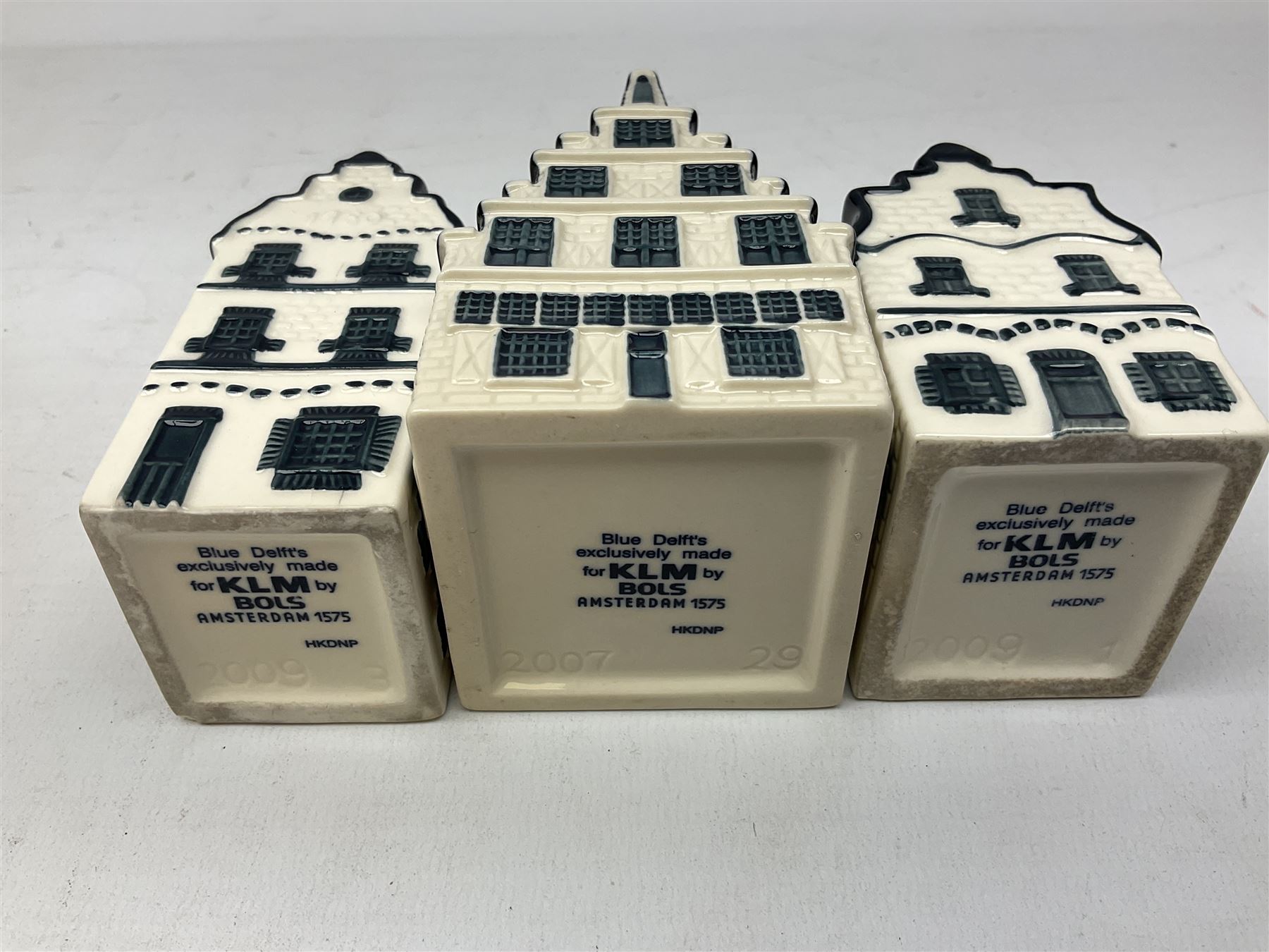 Seven KLM Miniatures, each blue Delft house form miniature produced exclusively for KLM Airlines by Bols Amsterdam 1575 comprising 30, 72, 85, 1, 3, 80 and 29