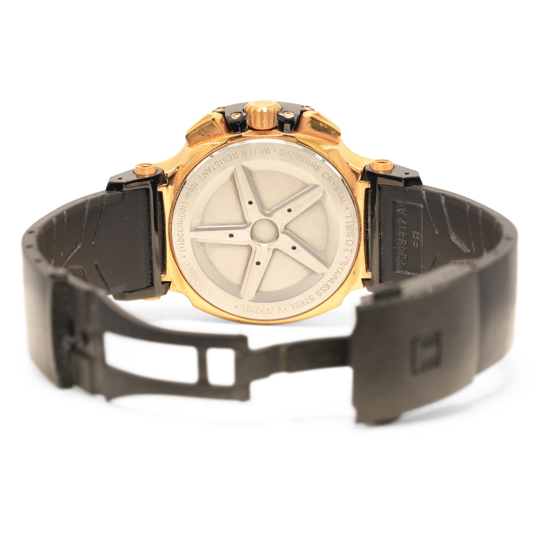 Tissot T-Race gentleman's stainless steel chronograph quartz wristwatch, Ref. T04817, black dial with Arabic and indexes hour markers and subsidiary dials, on black rubber strap with fold-over clasp, boxed with warranty card dated 2012