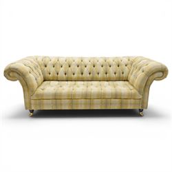 Late 20th century Chesterfield style two seat sofa, upholstered in muted green and yellow ...