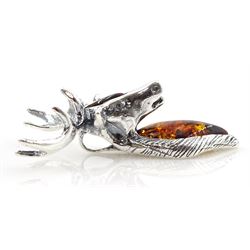 Silver and Baltic amber stag's head pendant, stamped 925 