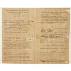 18th century double page handbill for 'Newmarket First Spring Meeting, April 1799' with list of runners and owners etc 31cm x 37cm framed, a single page bill 'Newmarket Third October or Houghton Meeting October 1803', another 'Doncaster Races September 1767' 30cm x 17cm, and another York August Meeting 1806 29cm x 17cm all framed (4) 
Provenance: property of a Nobleman