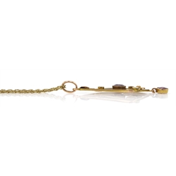  Edwardian gold garnet and split seed pearl pendant, stamped 9ct, on gold chain stamped 375  