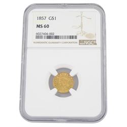 United States of America 1857 gold dollar coin, encapsulated and graded MS60 by NGC