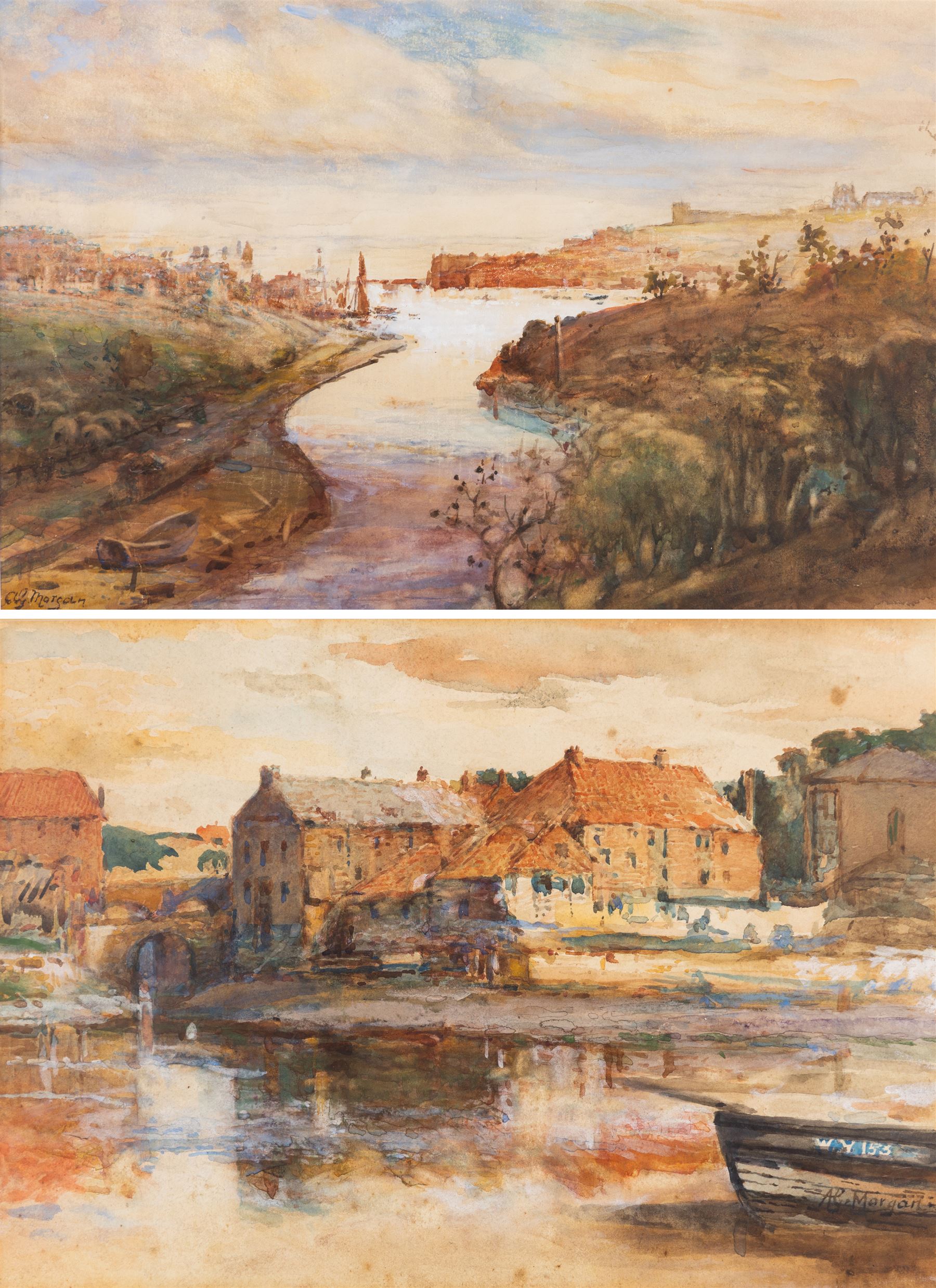 Alfred George Morgan (British 1848-1930): View Over Whitby and Dockyard, two watercolours signed, 34cm x 52cm and 23cm x 33cm (2)