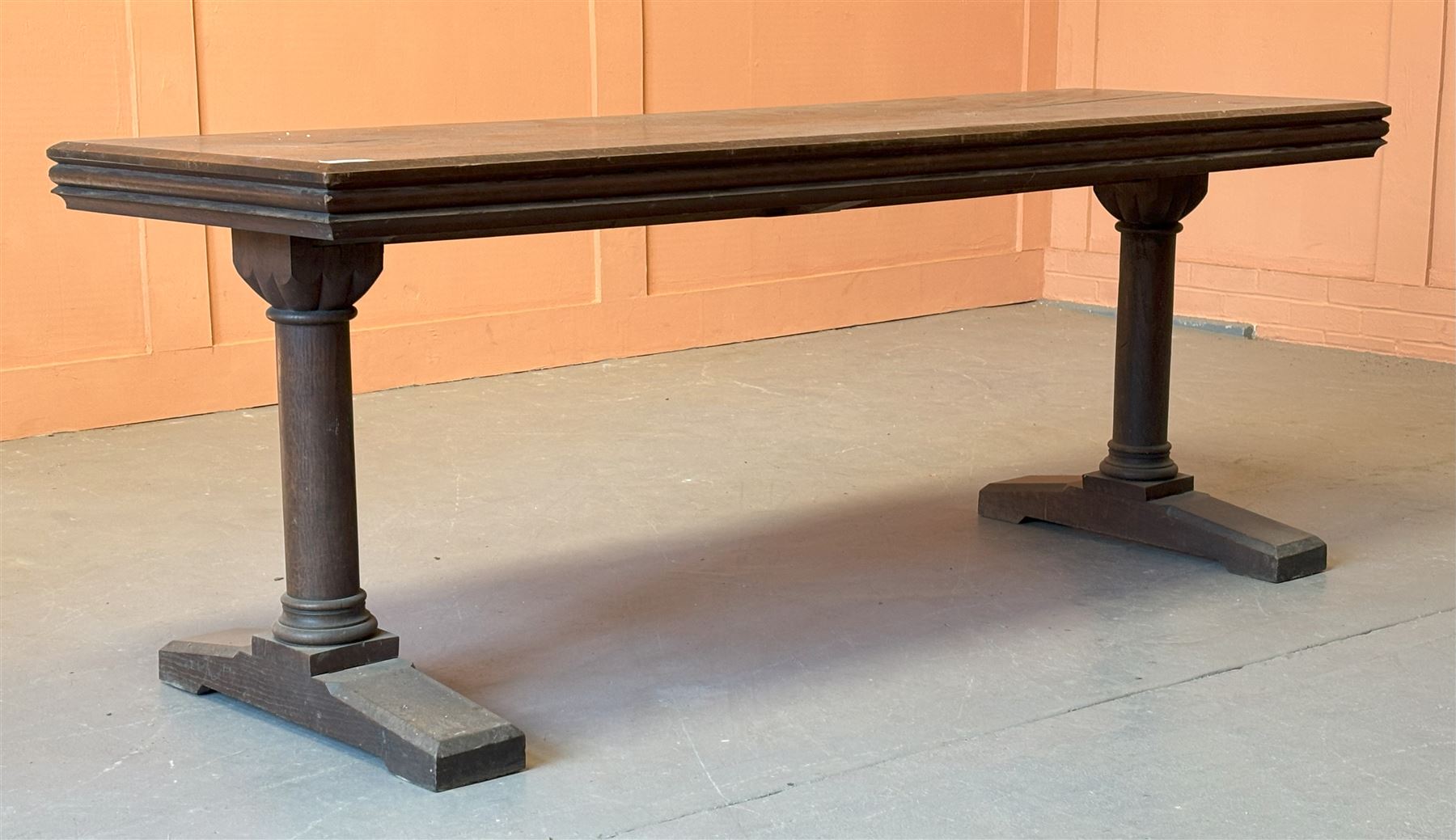 Late 19th century oak refectory table, the rectangular top with chamfered edge above a moulded frieze, raised on columnar supports above splayed base. H81cm, 213cm x 72cm.  - COLLECTION BY APPOINTMENT FROM: The White House, Thirsk Road, Easingwold, York, YO61 3NF - CALL 01723 507111 TO ARRANGE