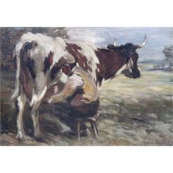 Andrew Douglas RSA (Scottish 1870-1935): Milking Time, oil on canvas signed 'André Douglas' and dated 1902, 26cm x 37cm