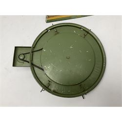 '0' gauge - Bing tin-plate two-storey double sided station with open walk-through to one end, rail side canopy, hinged doors and removable roof giving access to clock illumination L35cm; Bing hand-cranked turntable and open wagon; Marklin tin-plate level crossing barrier and Newspaper vendor's tin-plate four-wheel hand cart (5)