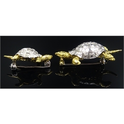  Yellow and white gold turtle brooch and a smaller one, both hallmarked 18ct  