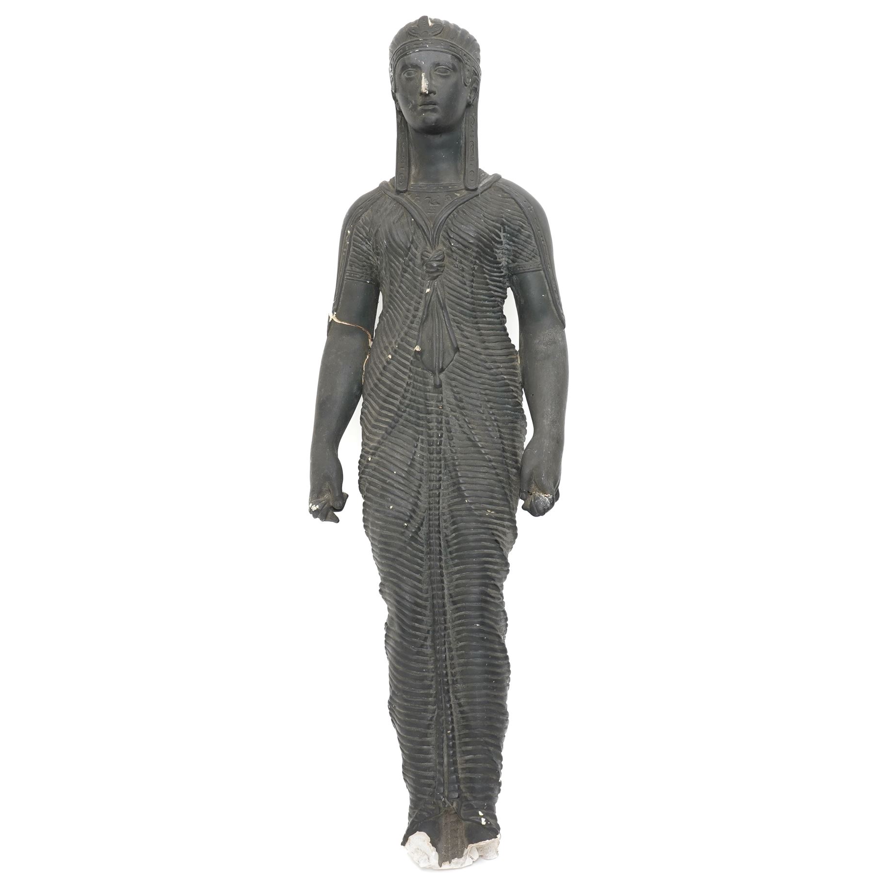 Neoclassical 19th century plaster pedestal, the base cast as two straining Atlantes on a naturalistic rocky base, unmarked, excluding fittings H65cm; together with a set of three plaster figures, cast as Egyptian ladies in headdresses and draped in cloth, by John Dominic Giannelli (1775-1841), the reverse with hieroglyphic decoration, inscribed 'Published as the Act Directed By J D Giannelli 1805', possibly corresponding attachments for the aforementioned pedestal, H62cm 
Provenance: property of a Nobleman