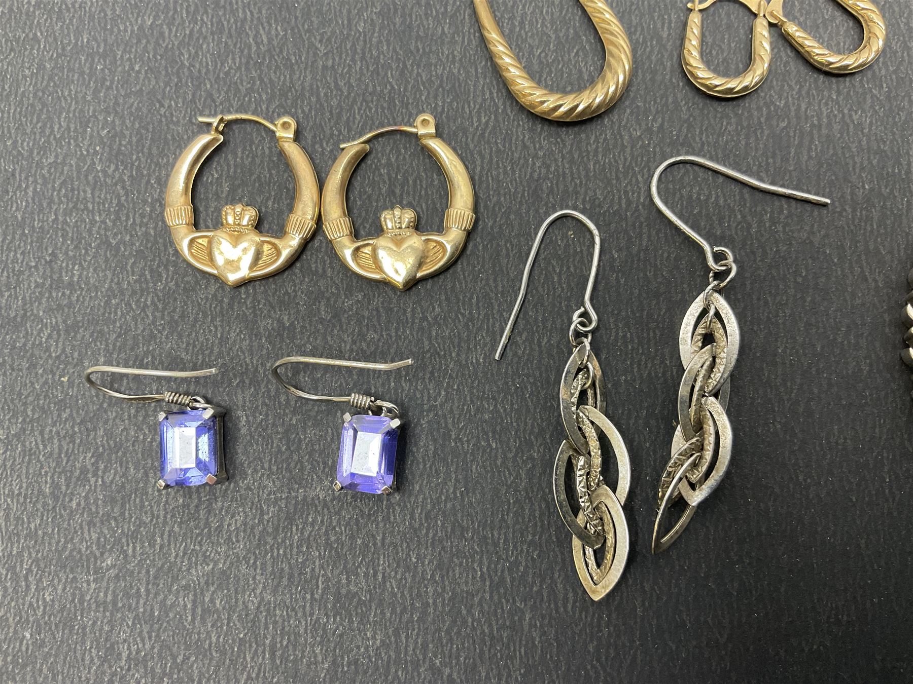 9ct gold hoop earrings and silver jewellery including bangle, stone set bracelet and earrings