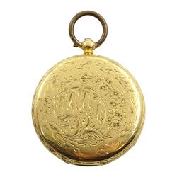 Victorian 18ct gold open face ladies English lever fusee pocket watch No. 1407, gilt dial with Roman numerals and subsidiary seconds dial, back case with engraved flower and foliate decoration, hallmarked London 1861