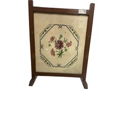 20th century stained wooden fire screen, containing floral needlework, H74cm W55.5cm