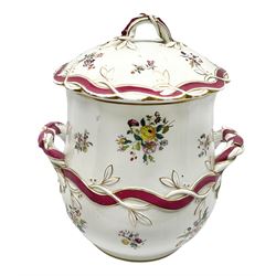 Large Victorian twin handled water pail and cover, of slightly bellied form decorated with floral sprays and moulded vine and ribbon detail, H36.5cm