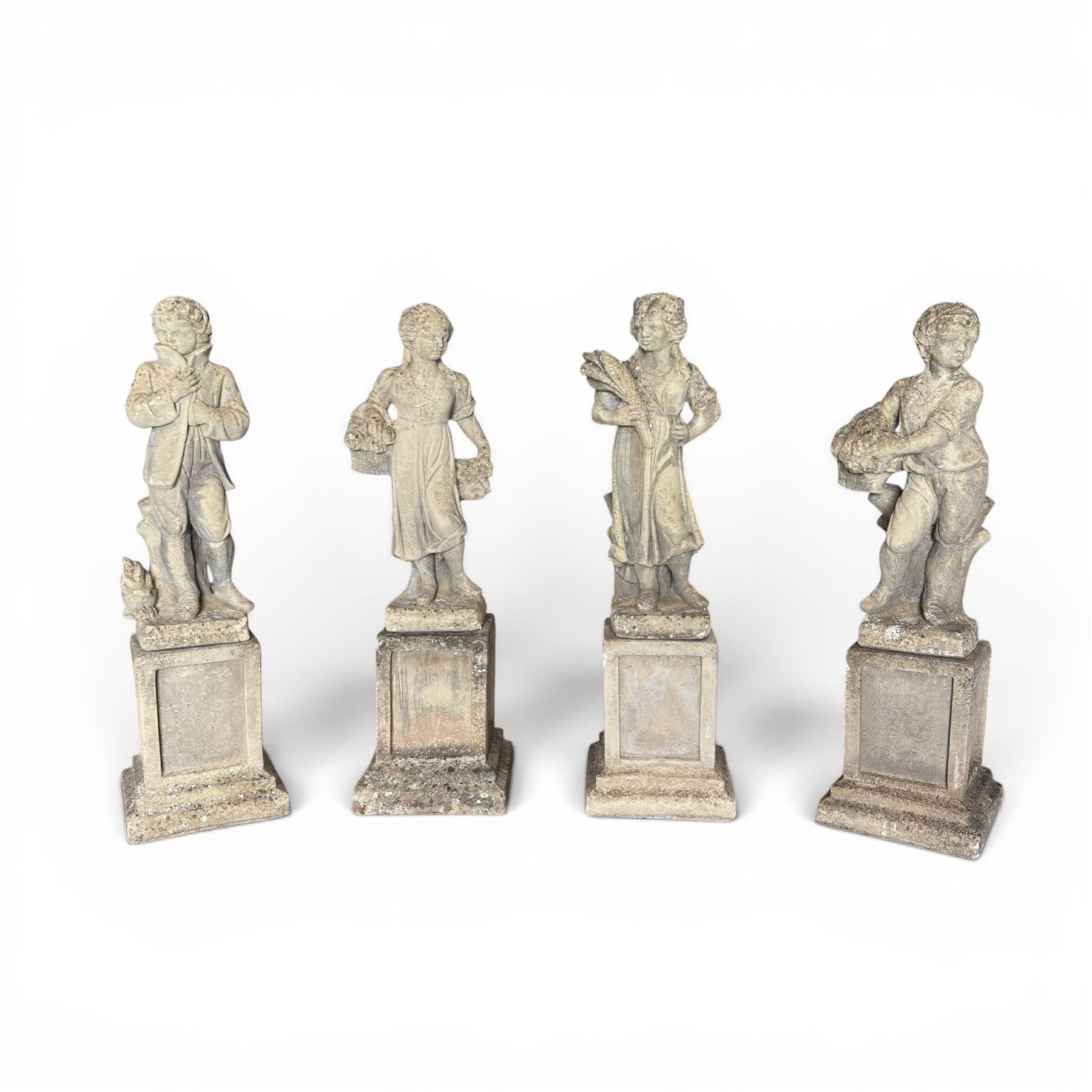 The Four Seasons - set of four traditional cast stone garden figures, in a weathered finish, stamped 'Lucas'
