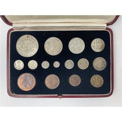 King George VI 1937 fifteen coin specimen set, housed in the official The Royal Mint maroon and gilt case