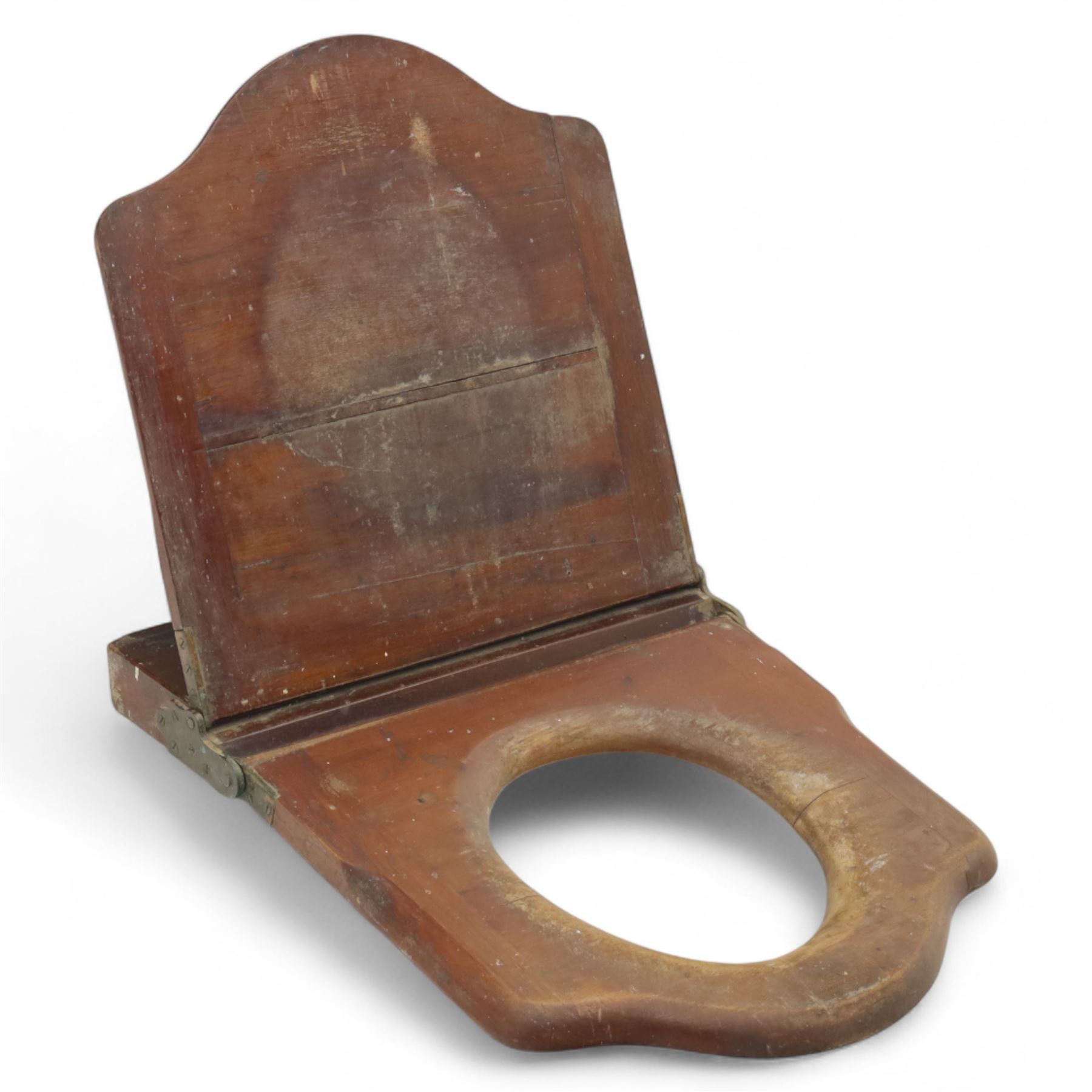 Victorian mahogany toilet seat, shaped hinged lid with moulded edge and circular aperture, of solid construction
